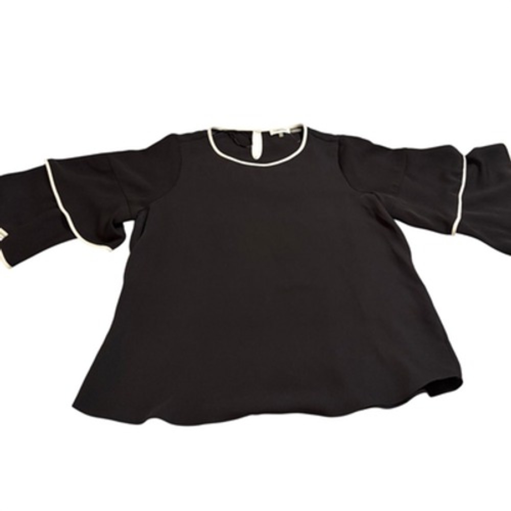 Calvin Klein Blouse Bell Sleeve Womens 0X Black White Trim Round Neck Pre-owned